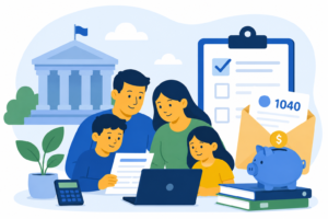 Familia preparando documentos de impuestos para la temporada tributaria 2026.