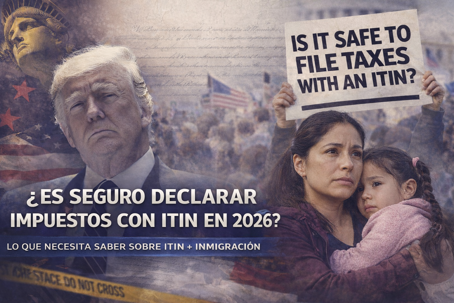 Madre inmigrante con hija sosteniendo cartel sobre declarar impuestos con ITIN en 2026 en Estados Unidos