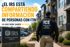 Agente de ICE caminando por un complejo de apartamentos mientras una ilustración representa las preocupaciones sobre el intercambio de información entre el IRS e ICE para contribuyentes con ITIN en 2026