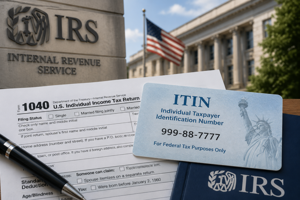 Tarjeta ITIN sobre un Formulario 1040 del IRS con el edificio del Servicio de Impuestos Internos al fondo, representando la presentación de impuestos y las obligaciones fiscales de los contribuyentes con ITIN.