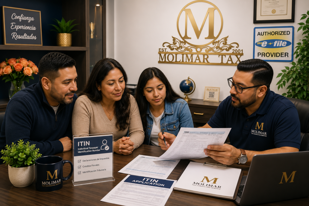 Asesor fiscal de Molimar Tax Consulting Service revisando una declaración de impuestos con una familia para verificar la elegibilidad de créditos fiscales y el estado de un ITIN.