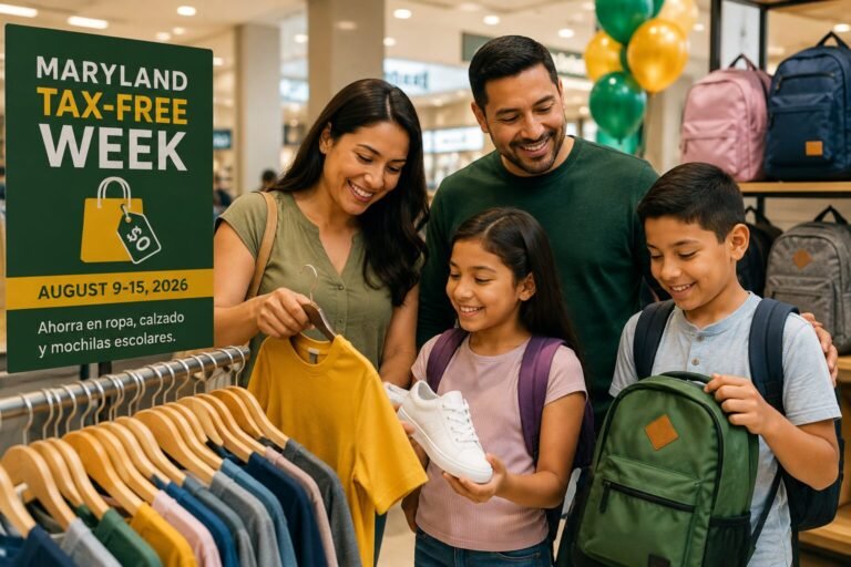 Familia comprando ropa y mochilas durante la Semana Libre de Impuestos de Maryland 2026.